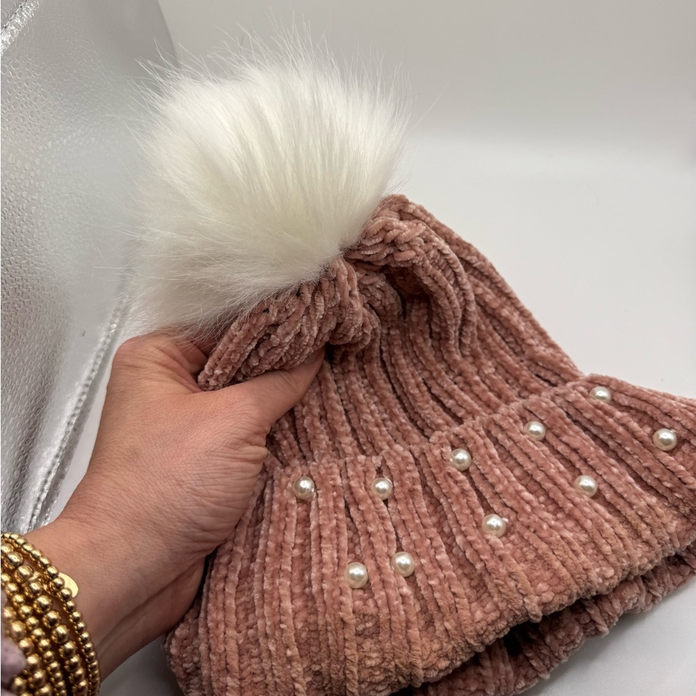 Pink Knit Beanie with Faux Fur Pom - Picture 4 of 5